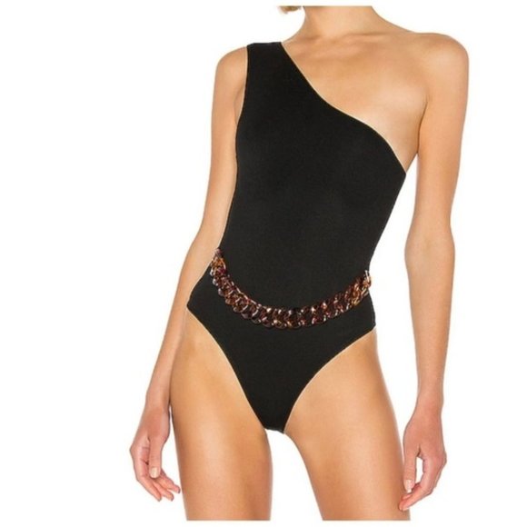 NWT L'Academie Black One Shoulder Belted Bodysuit Size Medium - Picture 2 of 5